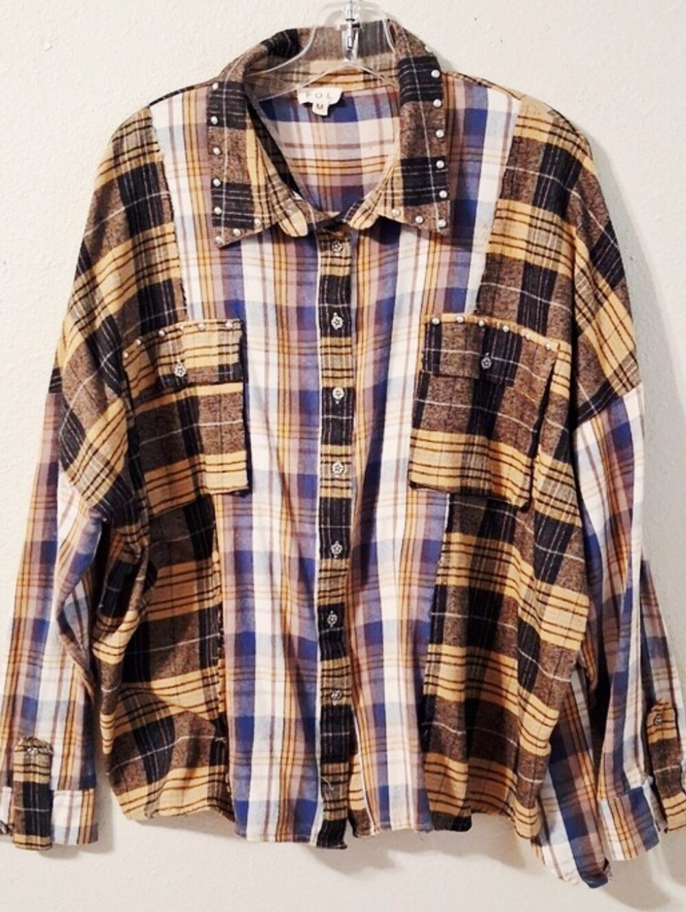 PLAID FLannel Oversized Mixed Media Long Sleeve Shirt Size Medium Boho